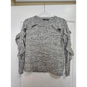 August Silk Women’s Knit Sweater  Gray Pullover  Ruffle Sleeves ‎ Sz Small